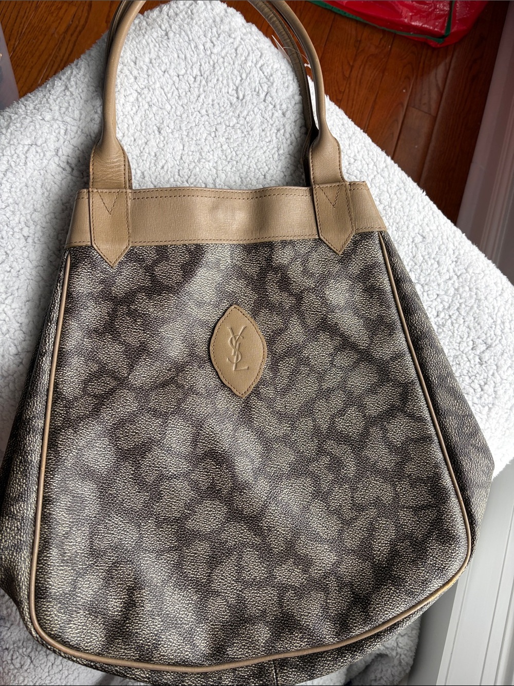 Yves Saint Laurent Giraffe Pattern Coated Canvas Leather-Trim Tote VTG EUC